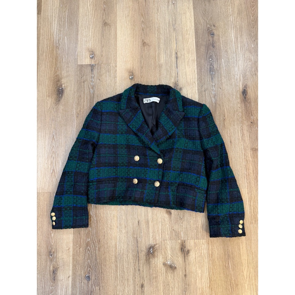 Zara Preppy Cropped Plaid Blazer Womens Large Green Blue Double Breasted Tweed